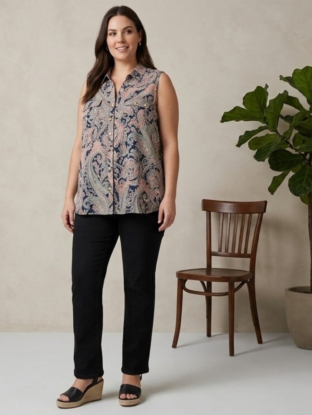 Ember Boho Paisley Sleeveless Button Front Blouse Top Size XL